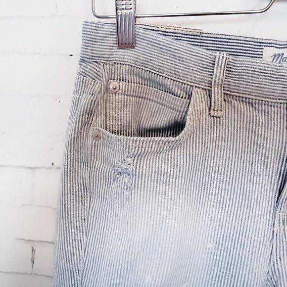 Madewell Hickory Stripe Jeans Size 25 Blue White Distressed Slim Straight - Picture 6 of 12